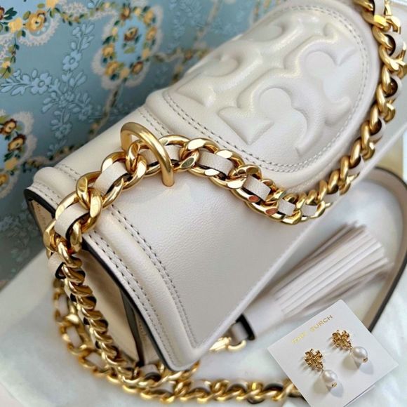 AUTH. NWT Tory Burch Fleming Convertible Shoulder Bag & Kira Pearl Drop Earrings - Picture 7 of 12